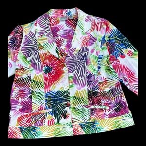 Chicos Size 3‎ Multicolor Tropical Palm Floral Leaf Button Front Blazer Jacket